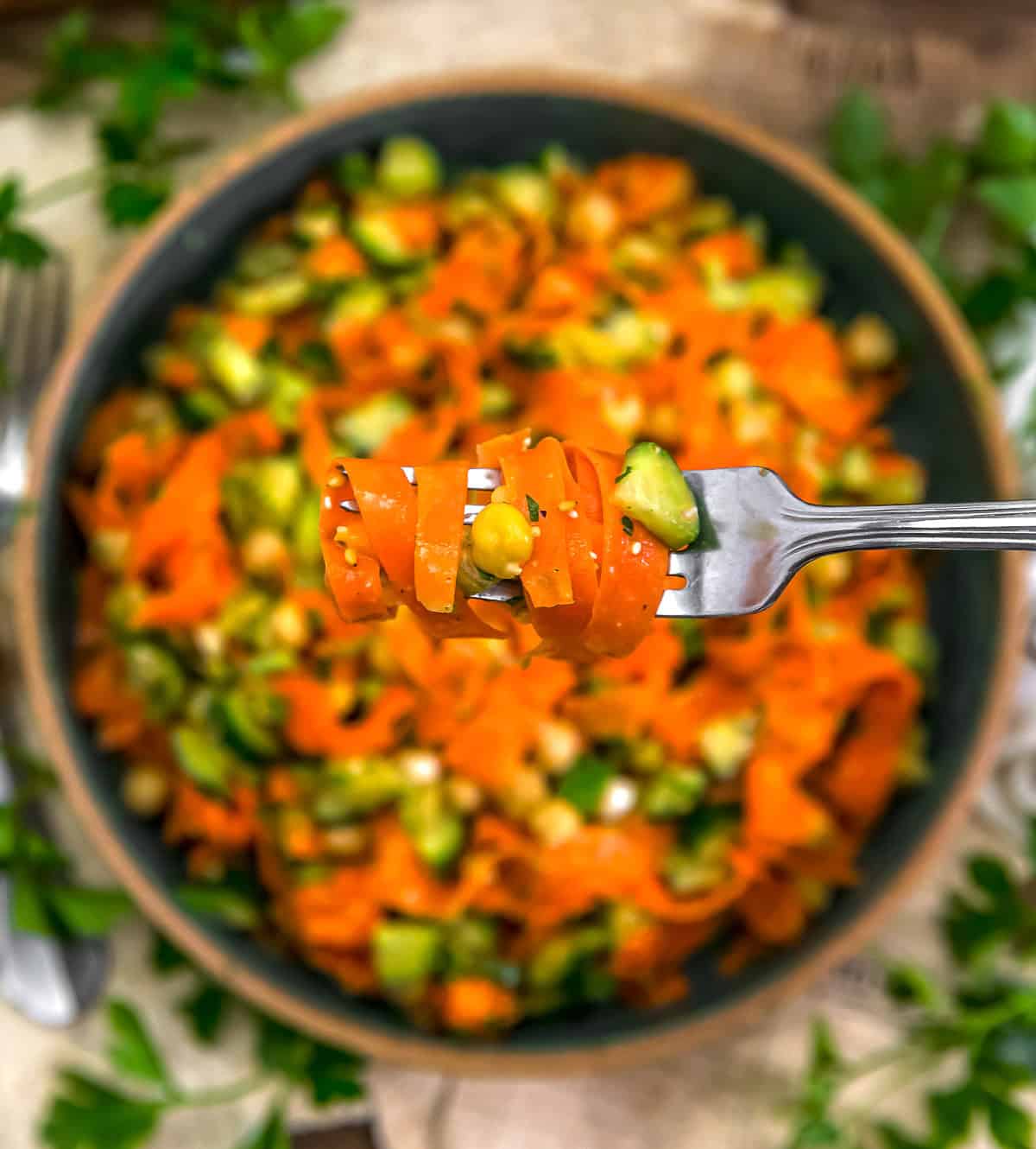Fork full of Buffalo Carrot Cucumber Salad