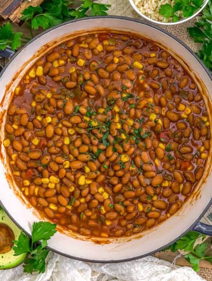Fast and Easy Salsa Bean Skillet with rice and avocado