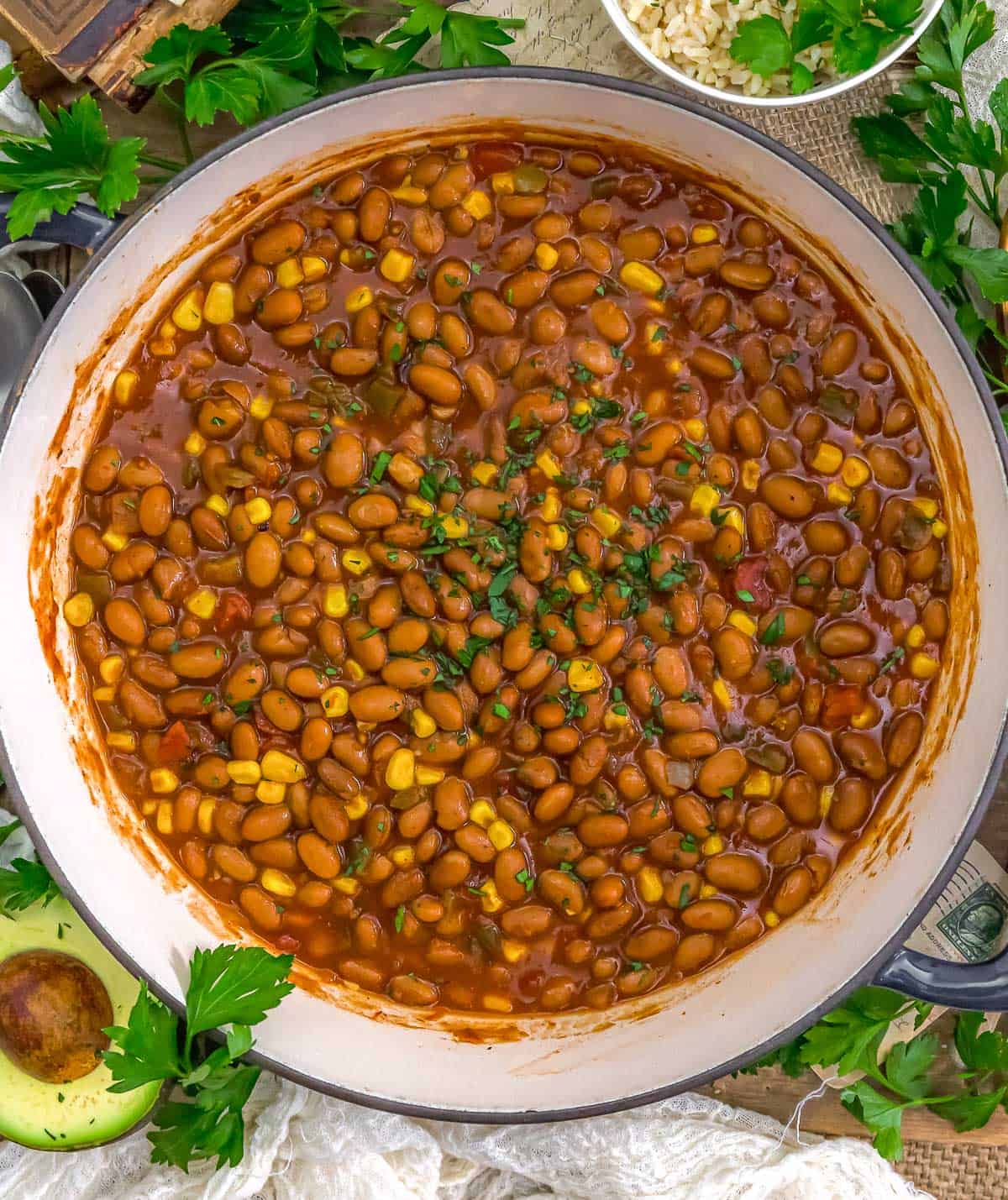 Fast and Easy Salsa Bean Skillet with rice and avocado