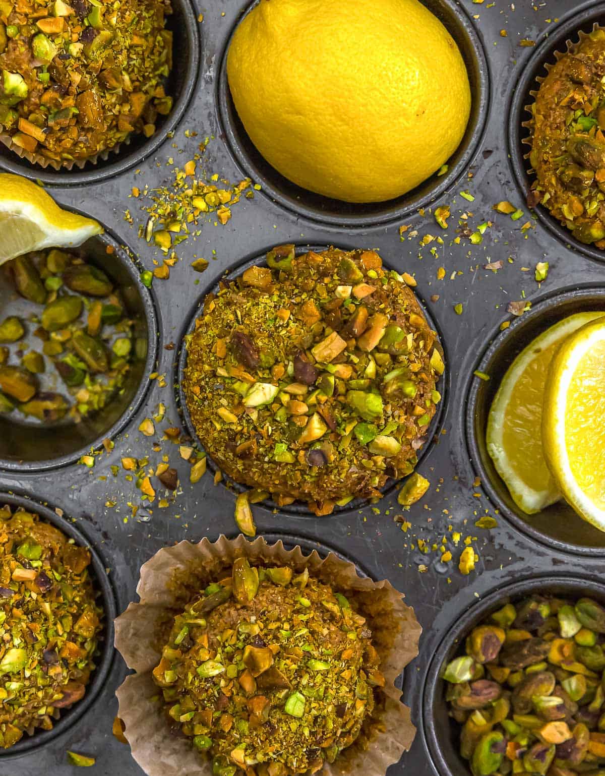 Muffin tins of Healthy Lemon Pistachio Wheat Bran Muffins