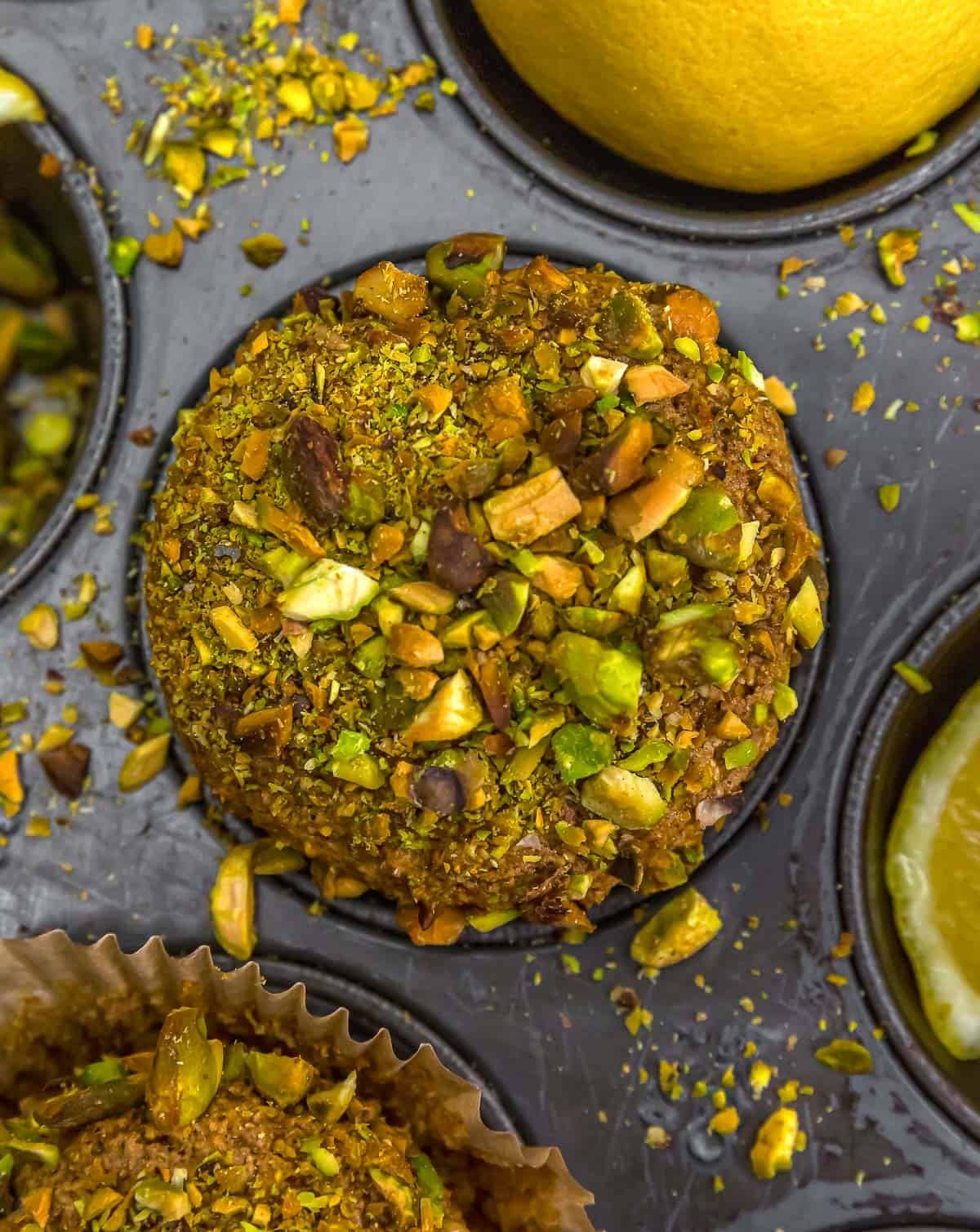 Close up of Healthy Lemon Pistachio Wheat Bran Muffins