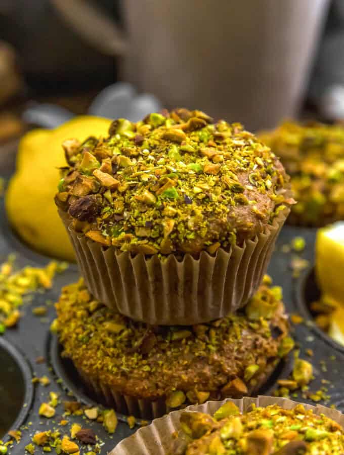 Stacked Healthy Lemon Pistachio Wheat Bran Muffins