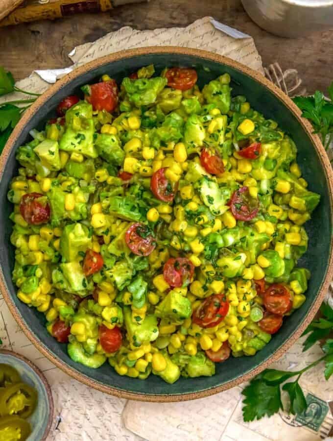 Bowl of Pickled JalapeƱo Avocado Corn Salad