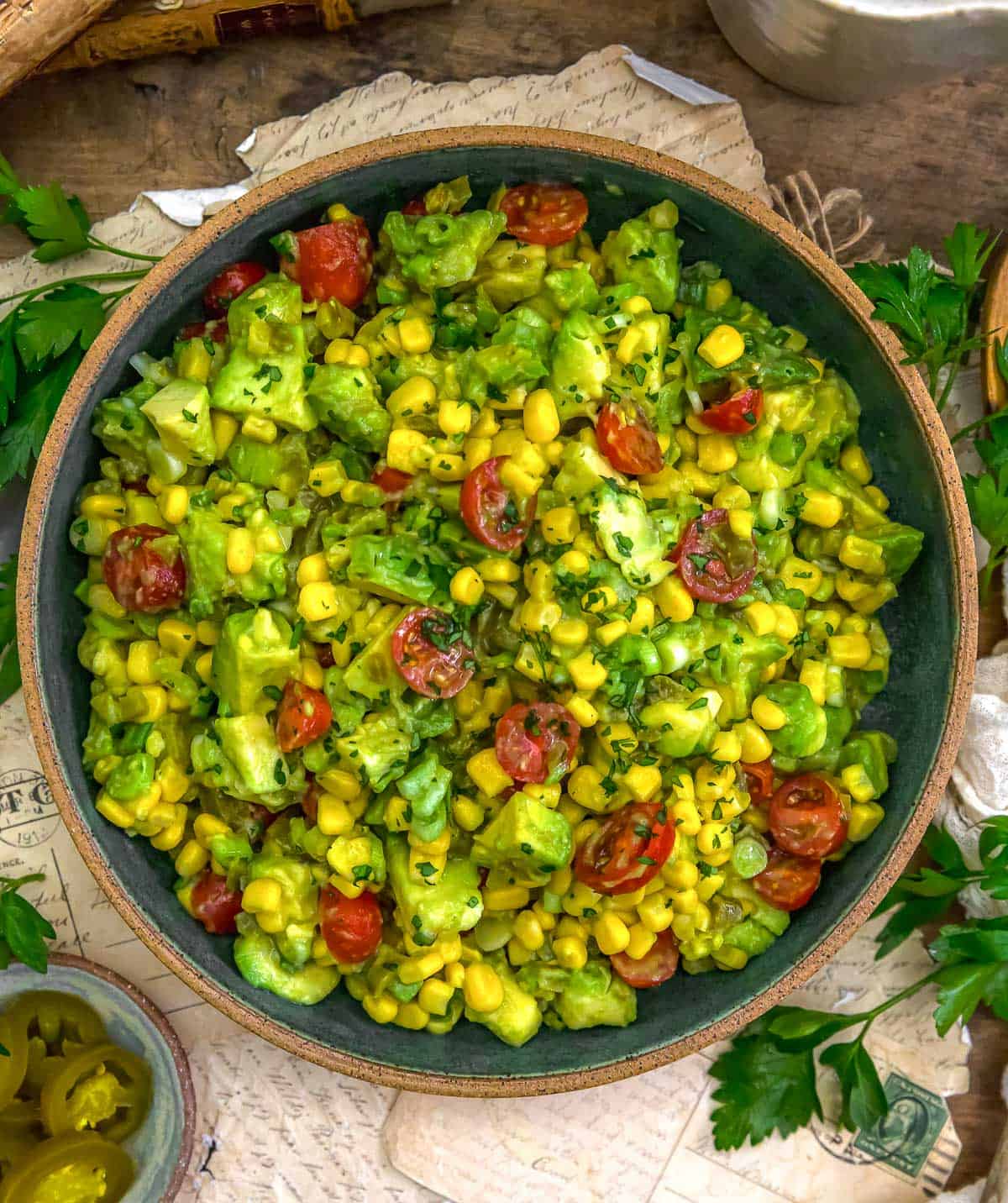 Bowl of Pickled Jalapeño Avocado Corn Salad