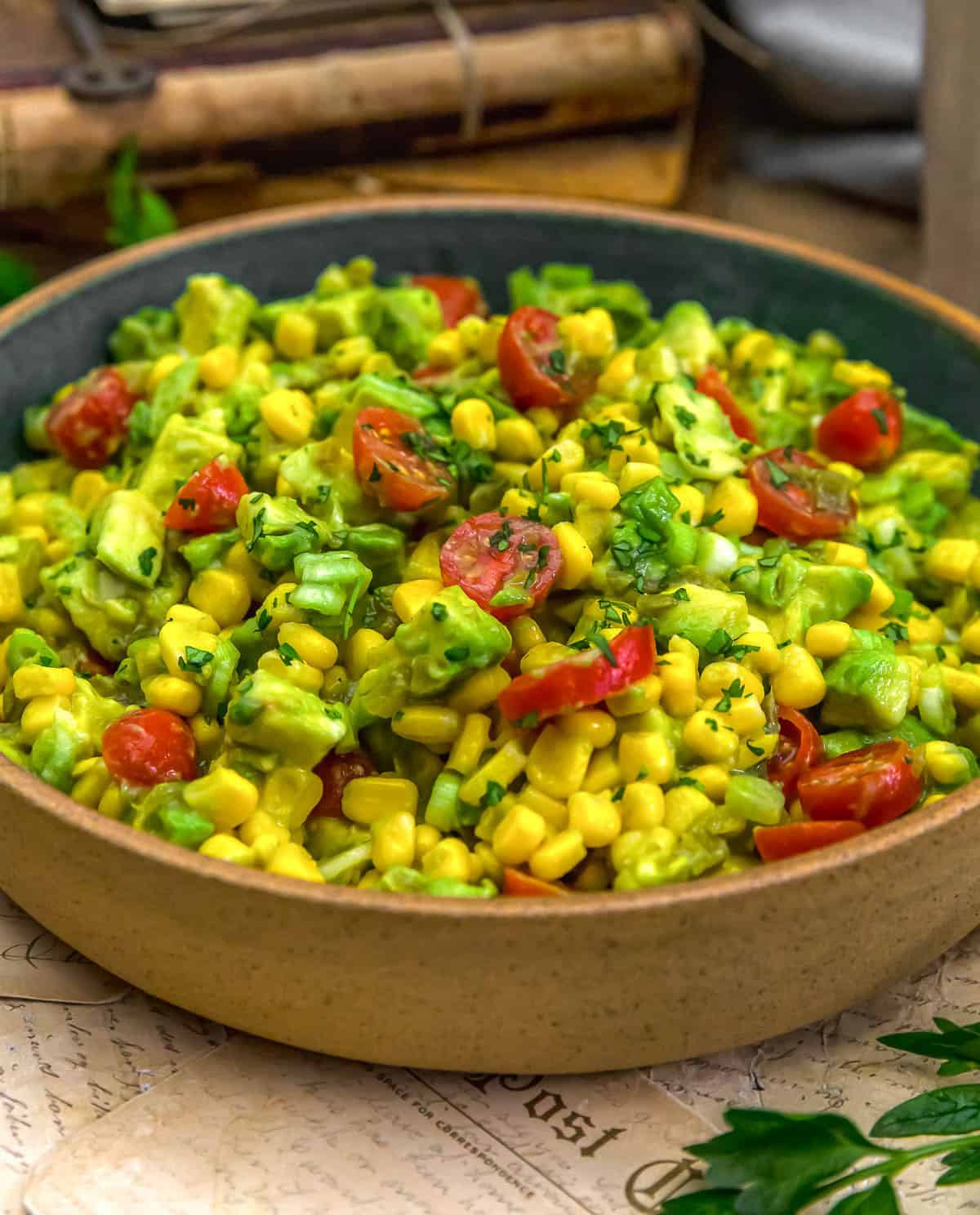 Close up of Pickled Jalapeño Avocado Corn Salad