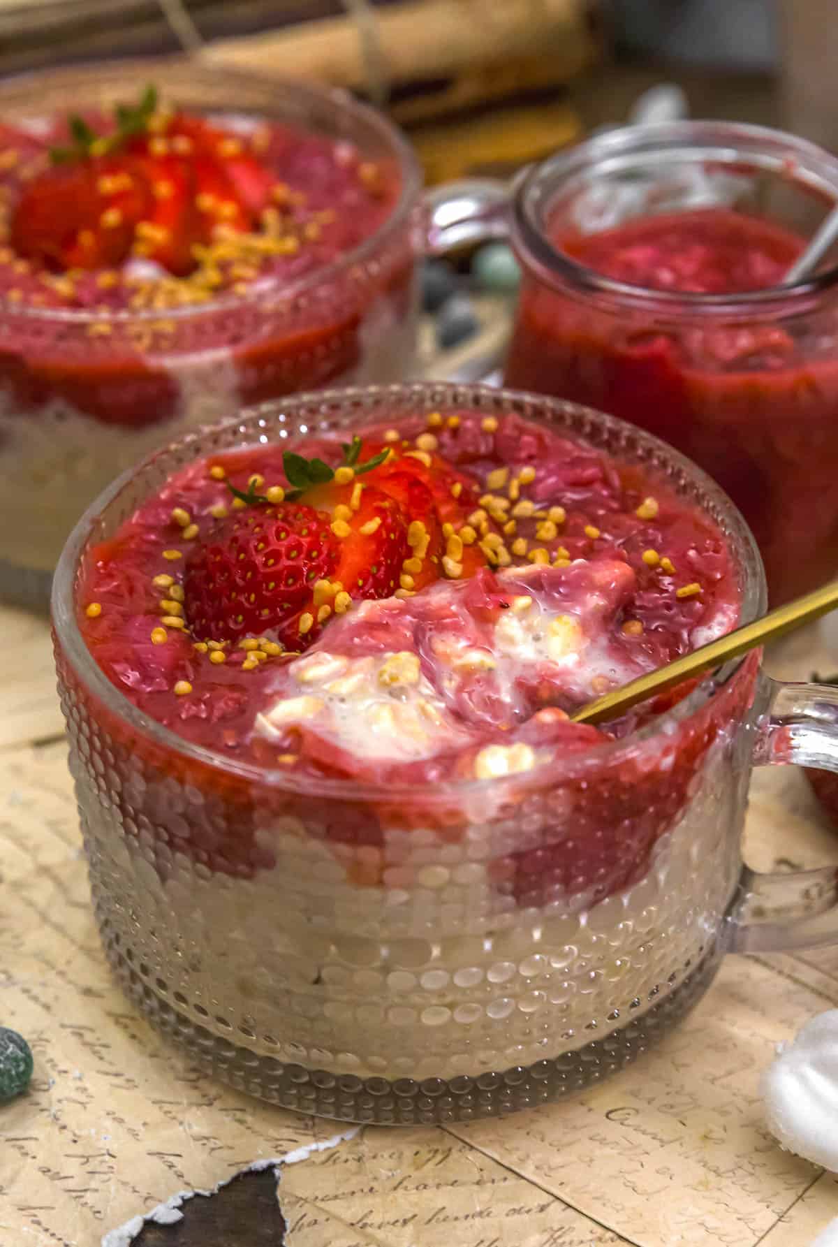 Strawberry Rhubarb Overnight Oats with a spoon