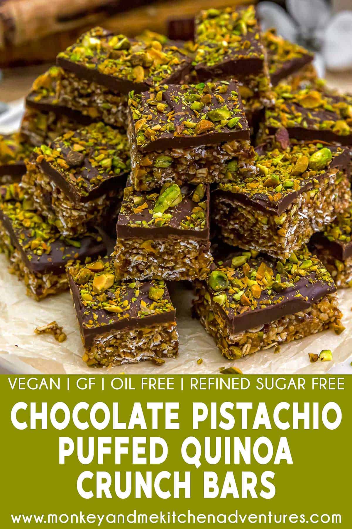 Chocolate Pistachio Puffed Quinoa Crunch Bars