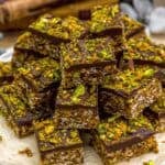 Close up of Chocolate Pistachio Puffed Quinoa Crunch Bars