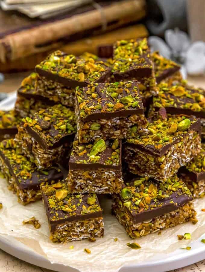 Close up of Chocolate Pistachio Puffed Quinoa Crunch Bars