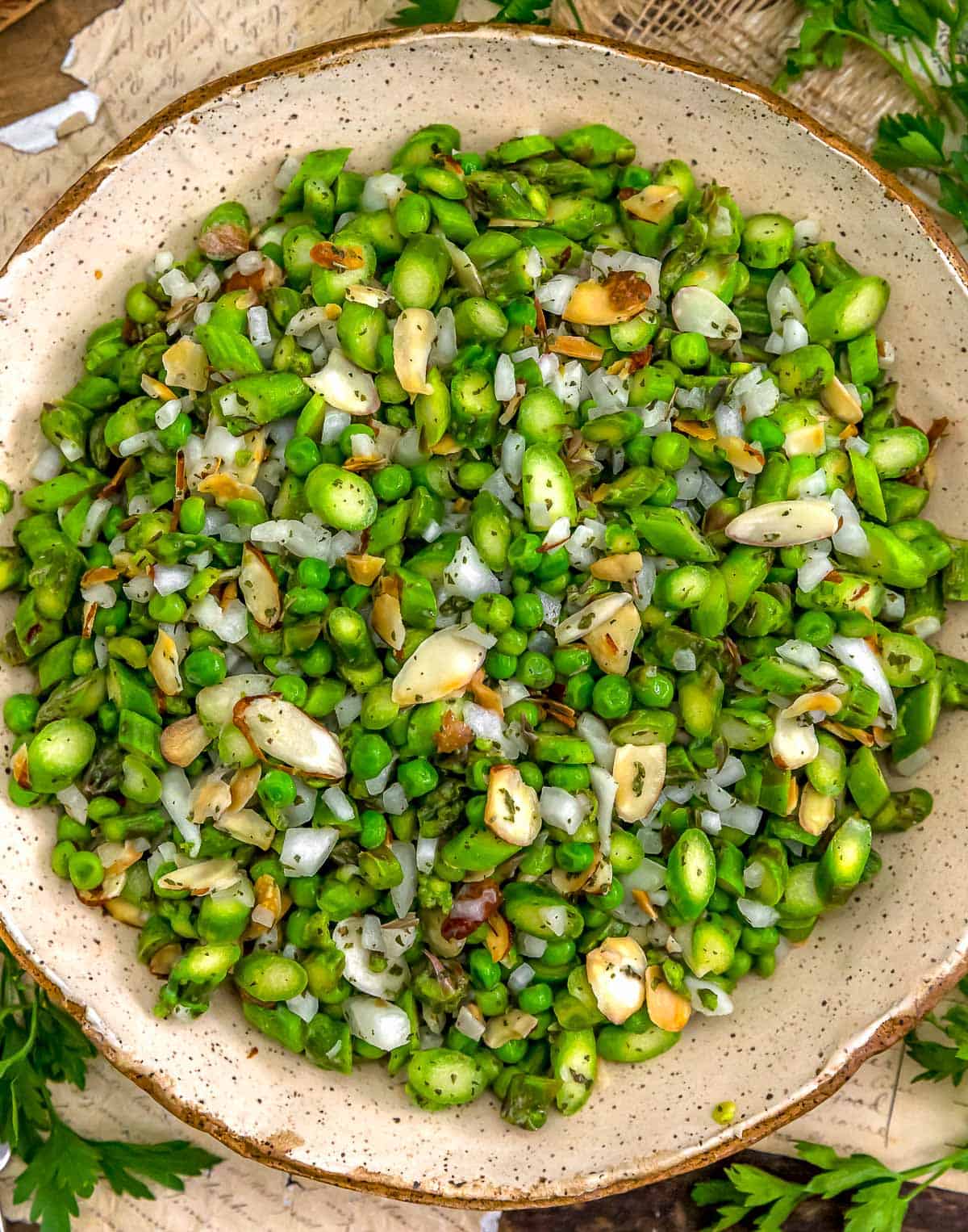 Bowl of Fresh Asparagus Pea Almond Salad