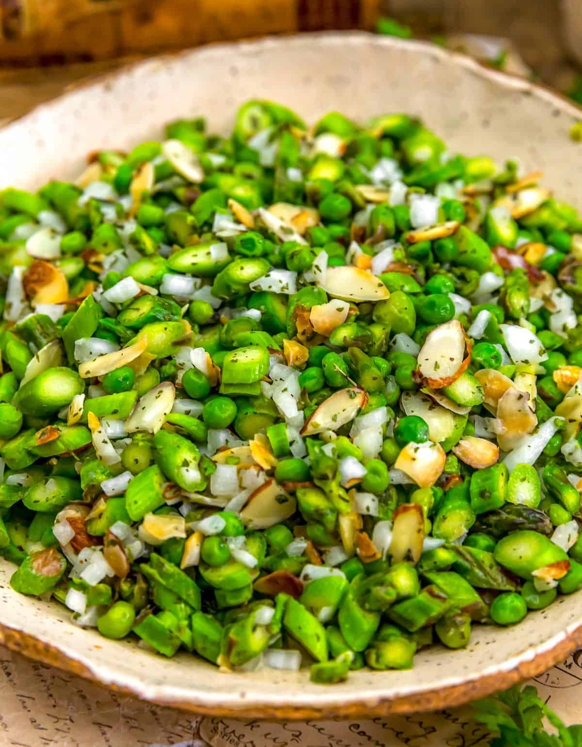 Close up of Fresh Asparagus Pea Almond Salad