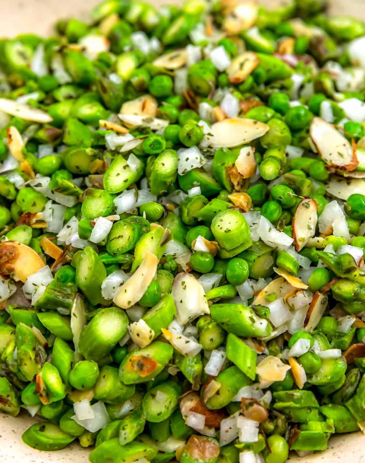 Close up of Fresh Asparagus Pea Almond Salad