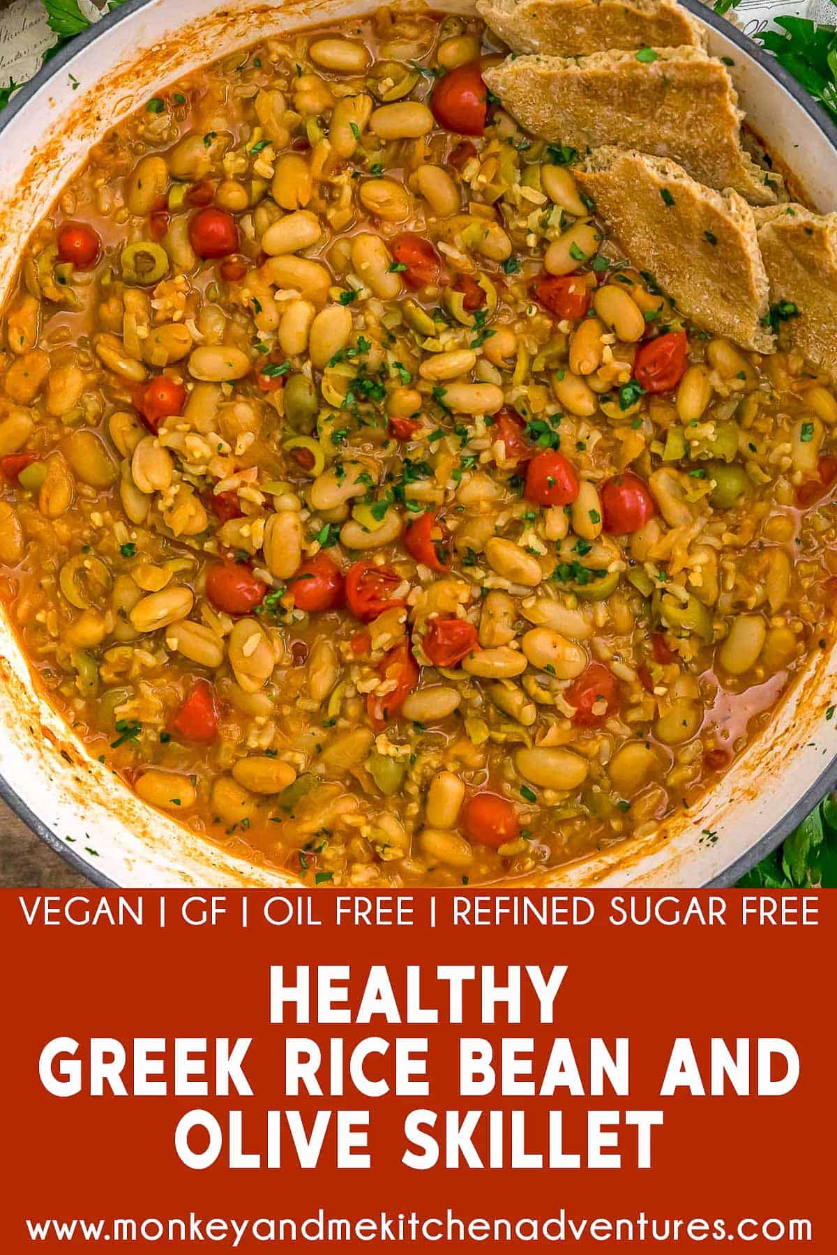 Healthy Greek Rice Bean and Olive Skillet with text description