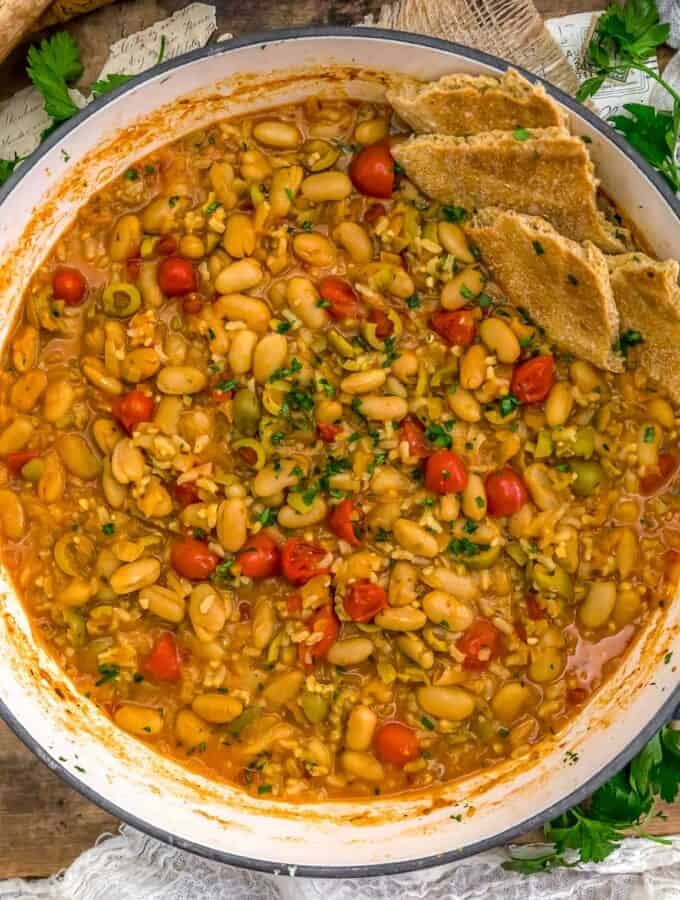 Top view of Healthy Greek Rice Bean and Olive Skillet