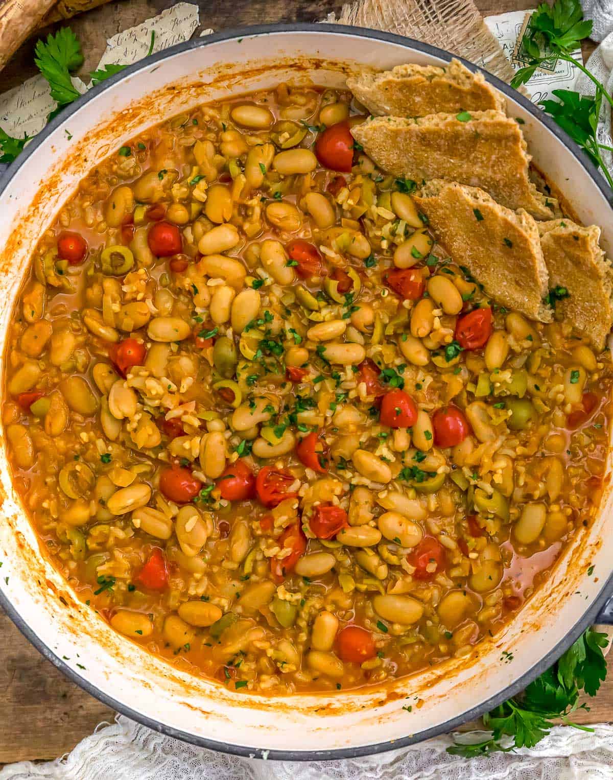 Top view of Healthy Greek Rice Bean and Olive Skillet