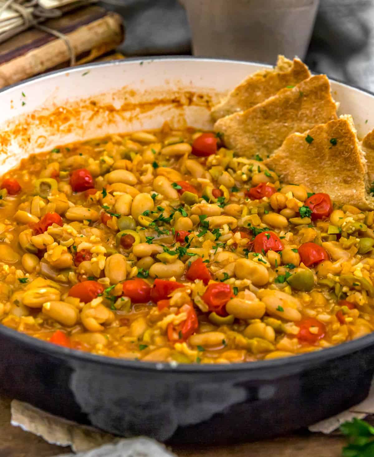 Close up of Healthy Greek Rice Bean and Olive Skillet