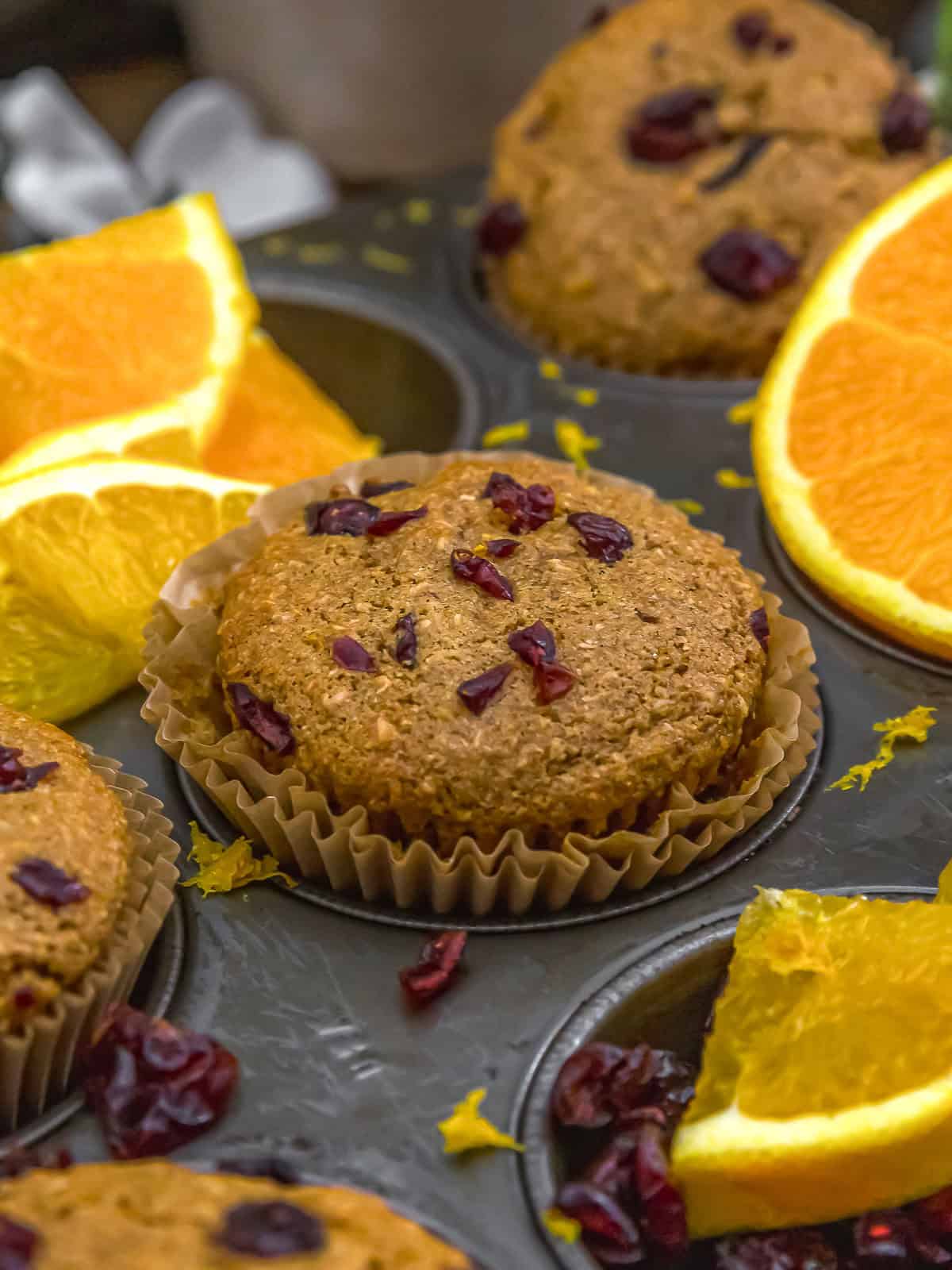 Close up of Healthy Orange Cranberry Wheat Bran Muffins