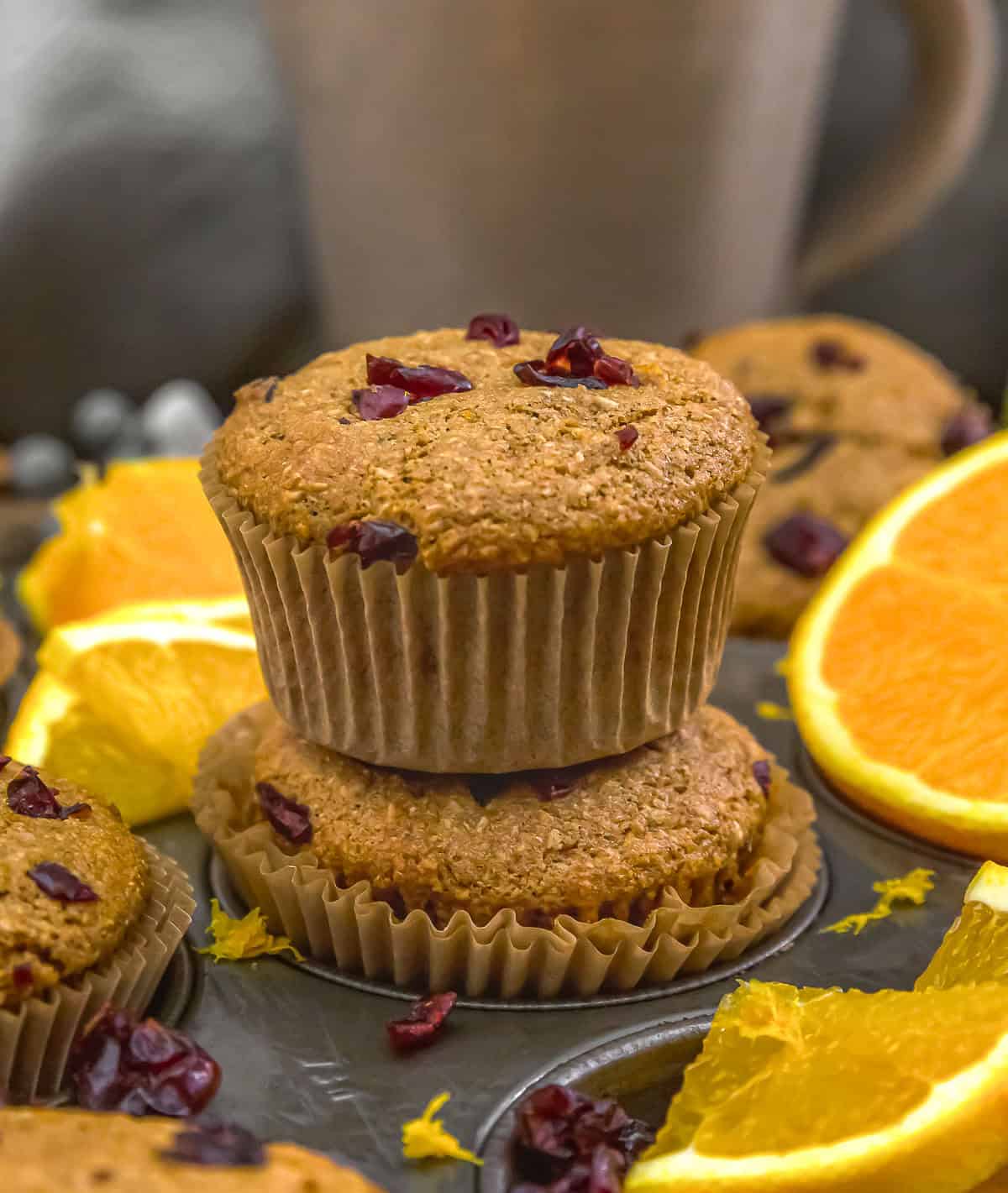 Stacked Healthy Orange Cranberry Wheat Bran Muffins
