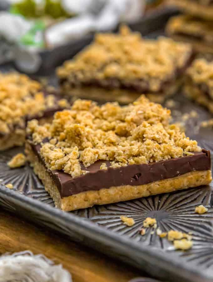 Close up of Healthy Peanut Butter Shortbread Chocolate Bars