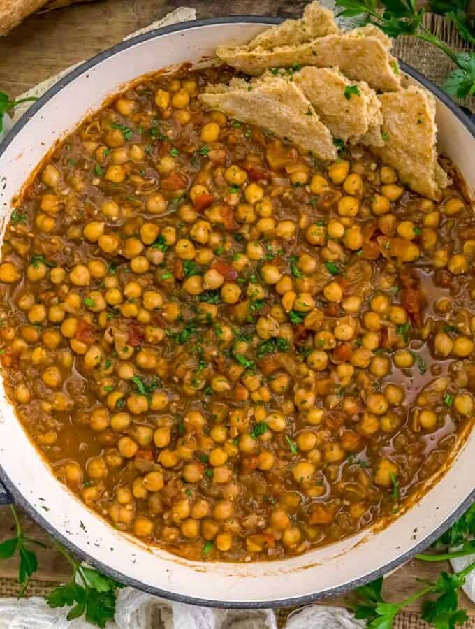 Middle Eastern Seven Spice Chickpea Stew in a skillet