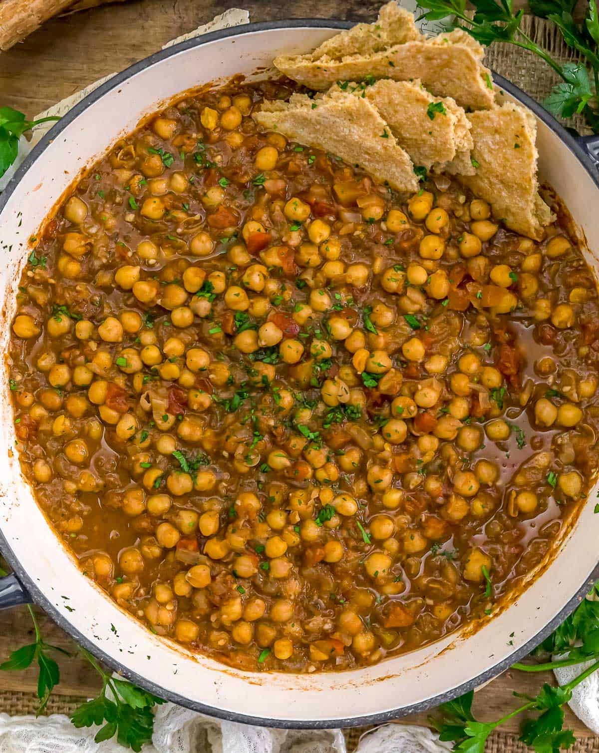 Middle Eastern Seven Spice Chickpea Stew in a skillet