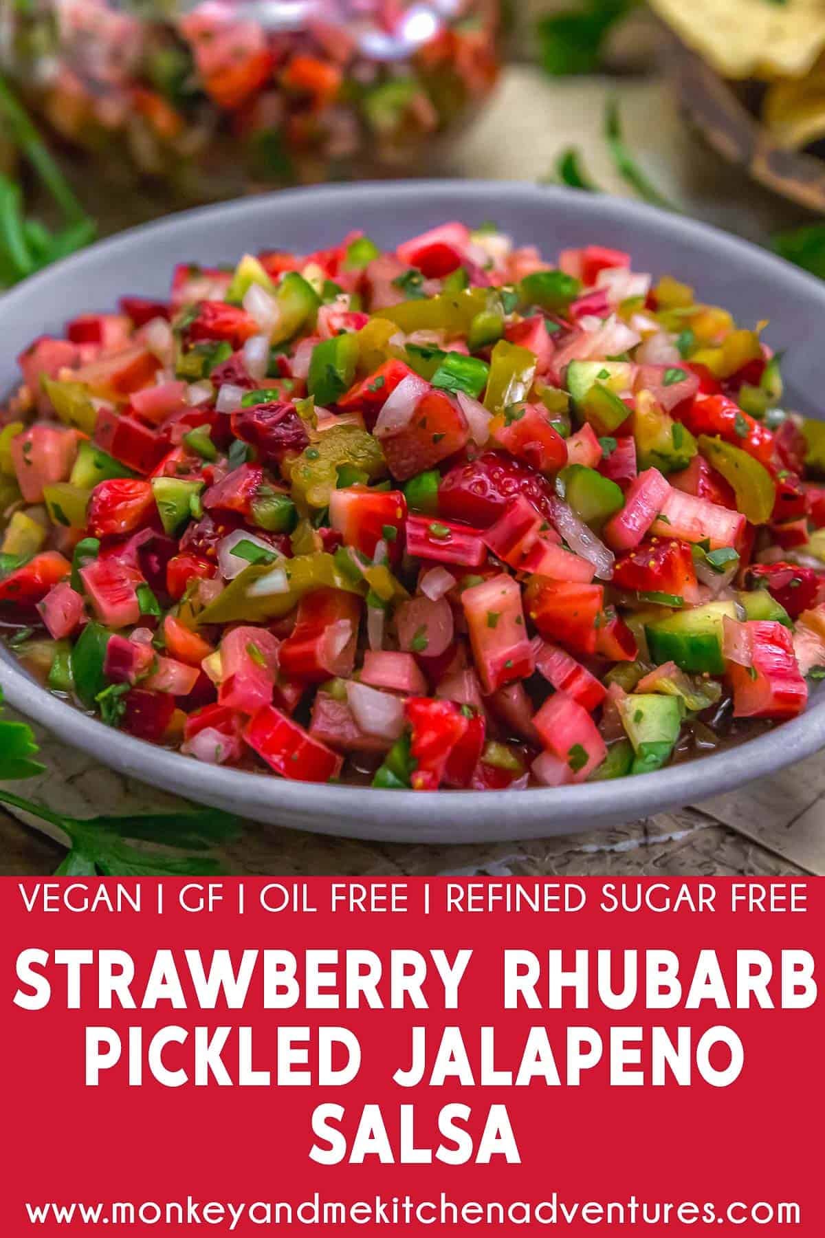 Strawberry Rhubarb Pickled Jalapeño Salsa with text description