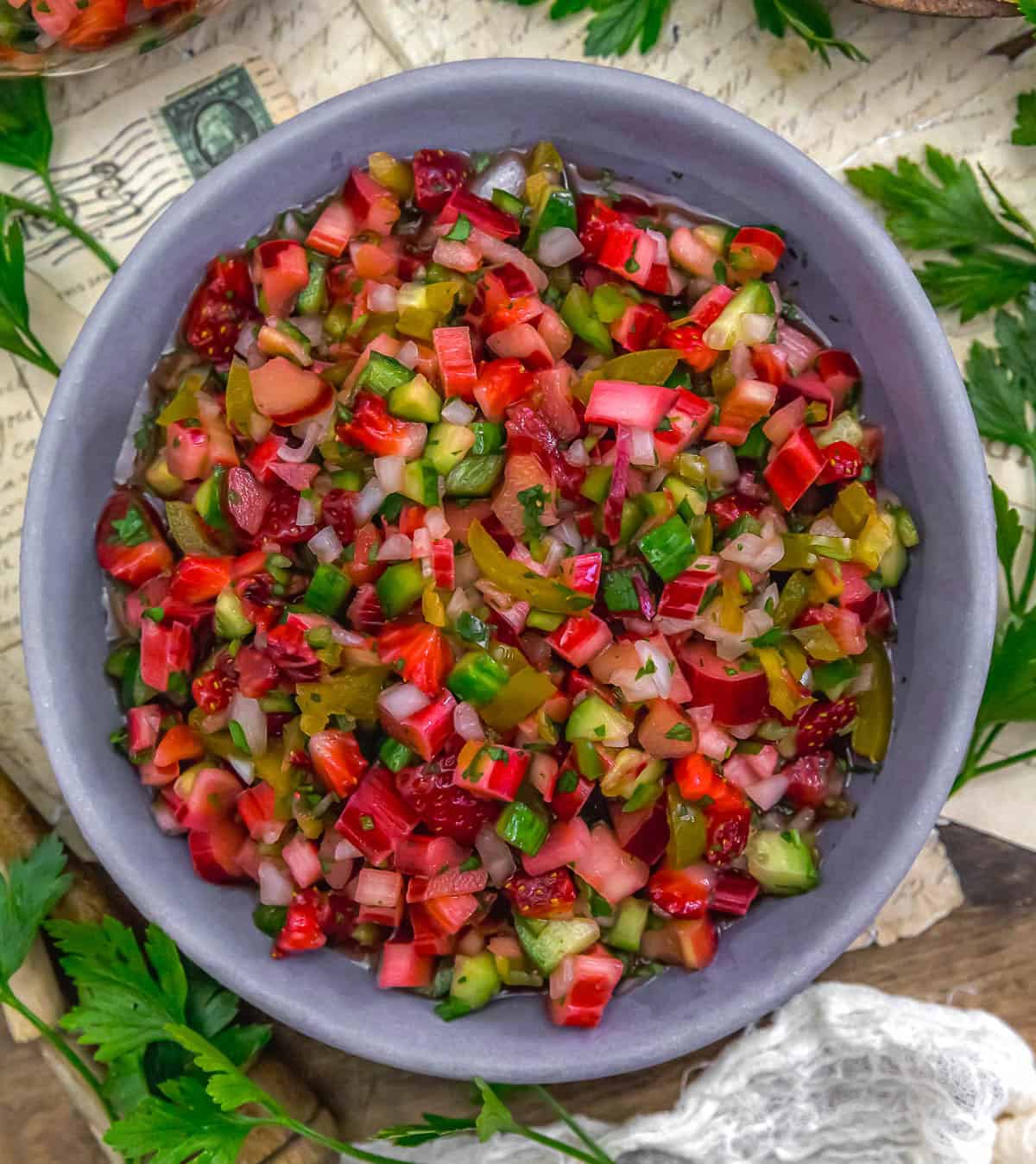 Bowl of Strawberry Rhubarb Pickled Jalapeño Salsa