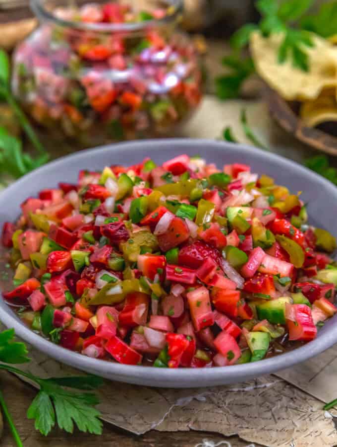 Close up of Strawberry Rhubarb Pickled JalapeƱo Salsa