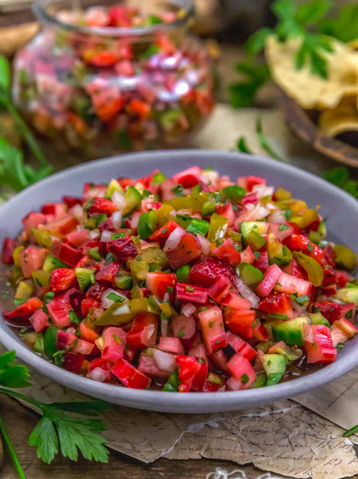 Close up of Strawberry Rhubarb Pickled Jalapeño Salsa