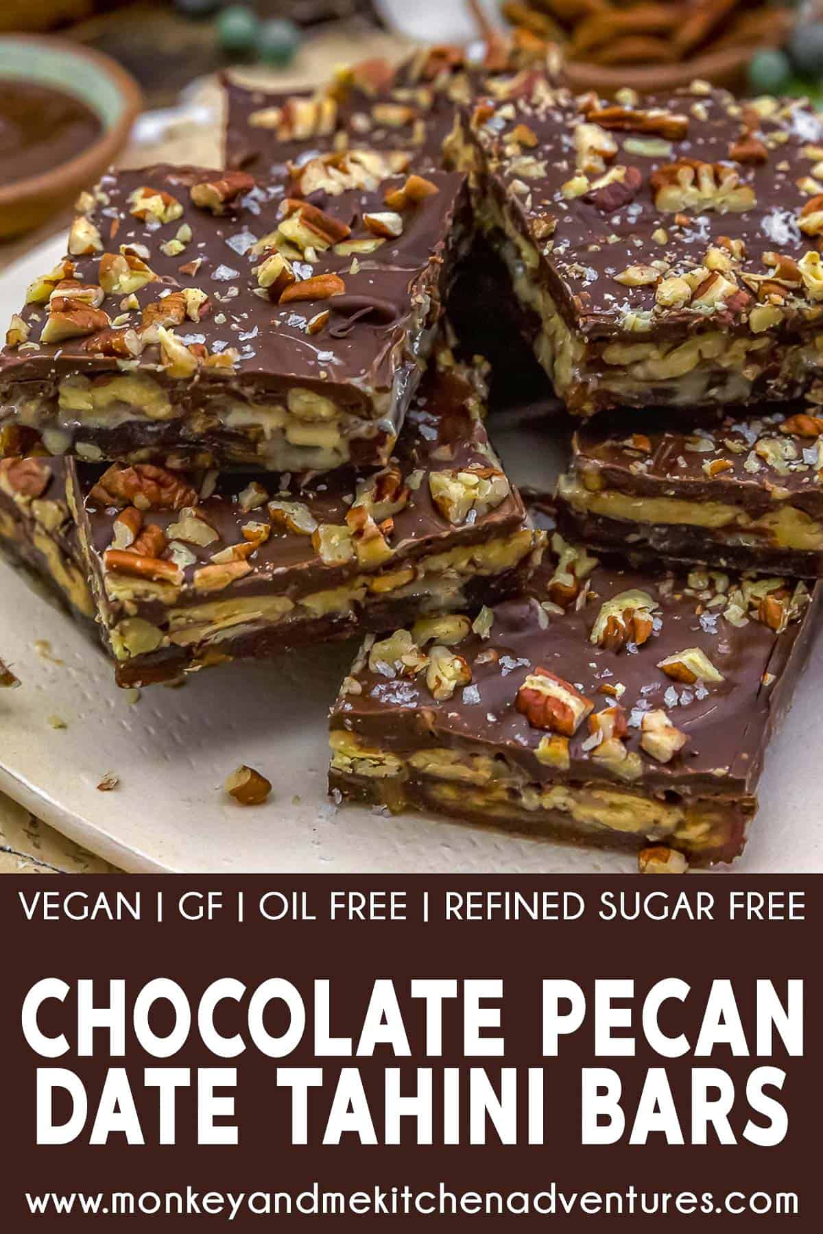 Chocolate Pecan Date Tahini Bars with text description