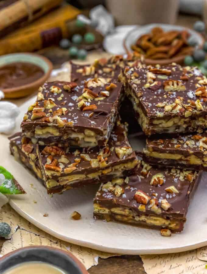 Close up of Chocolate Pecan Date Tahini Bars