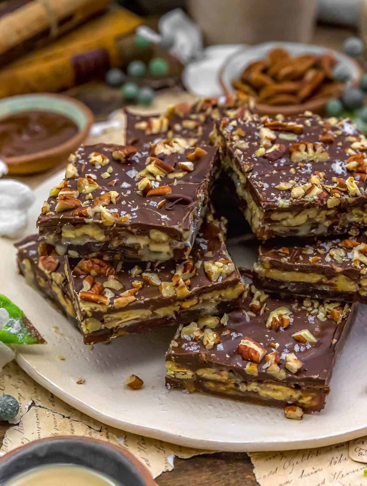 Close up of Chocolate Pecan Date Tahini Bars