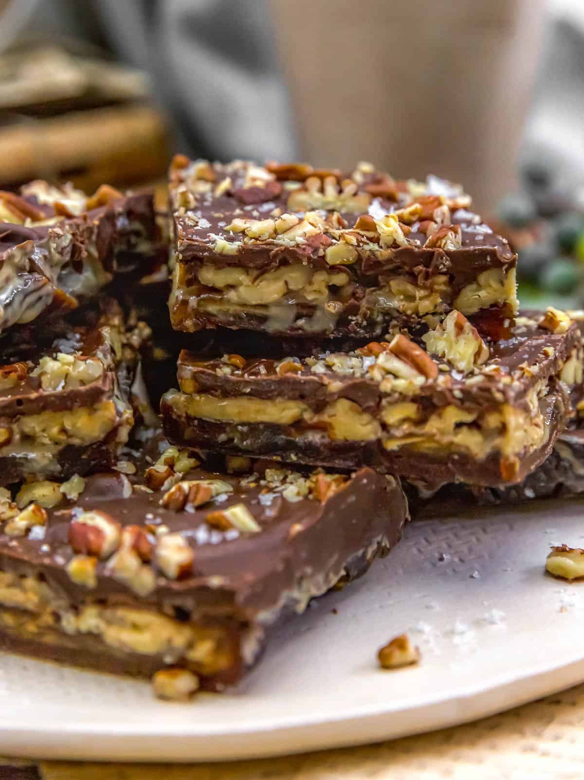 Side view of Chocolate Pecan Date Tahini Bars