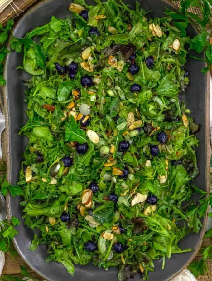 Serving dish of Easy Summer Almond Blueberry Salad