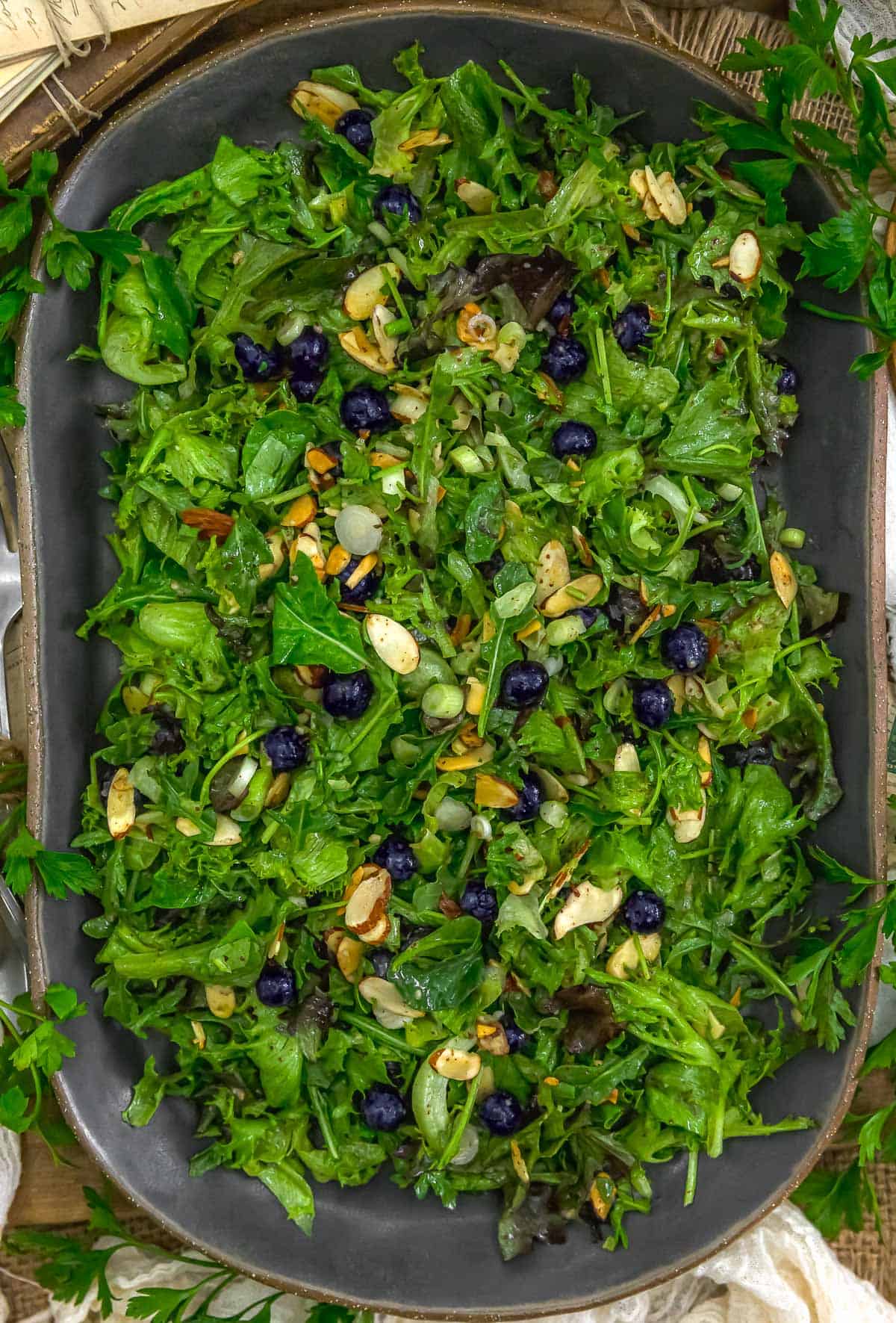 Serving dish of Easy Summer Almond Blueberry Salad
