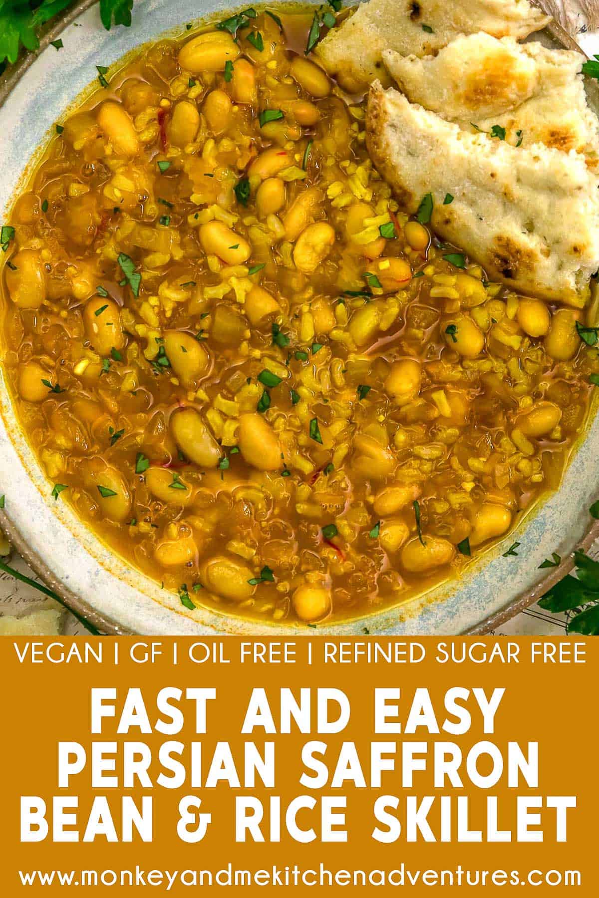 Fast and Easy Persian Saffron Bean and Rice Skillet with text description