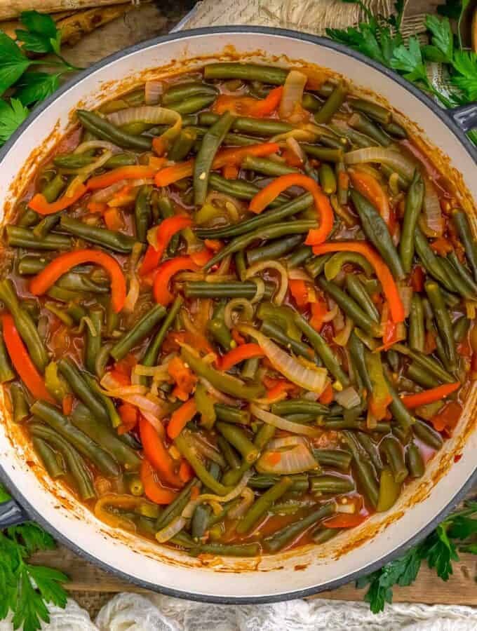 Basque-Style Green Bean Stew in a skillet