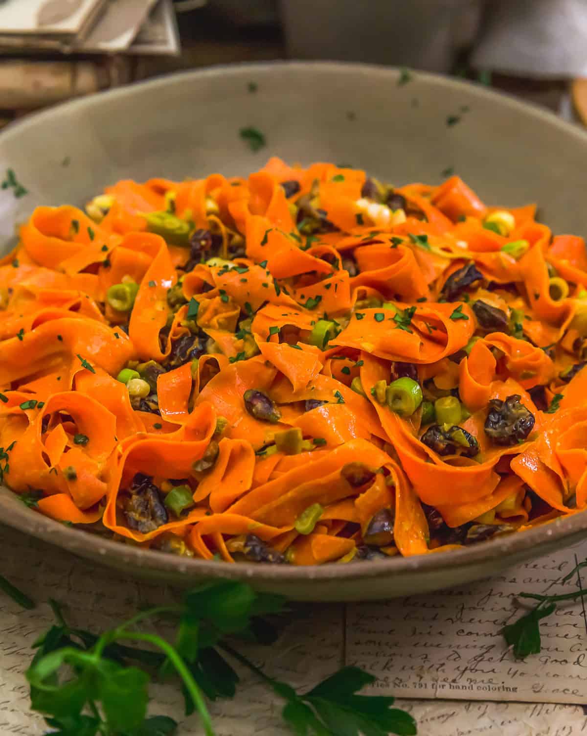 Close up of Curried Carrot Ribbon Salad