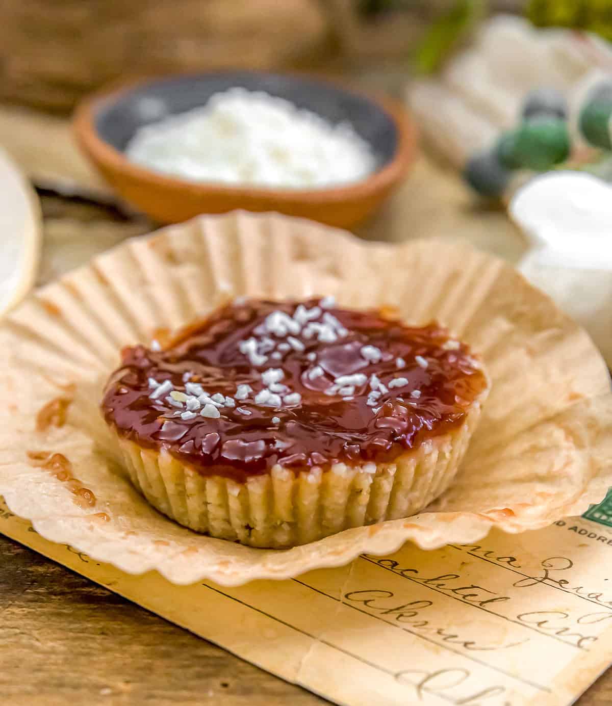 No-Bake Raspberry Coconut Treat in a cupcake liner