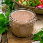 Oil-Free Red Wine Vinegar Almond Dressing in a jar