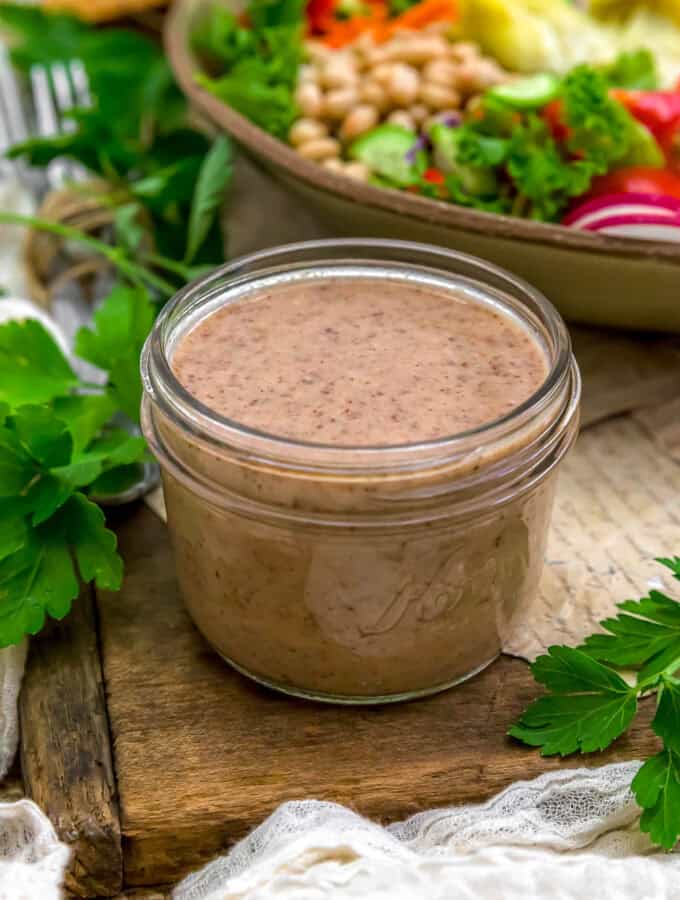 Oil-Free Red Wine Vinegar Almond Dressing in a jar