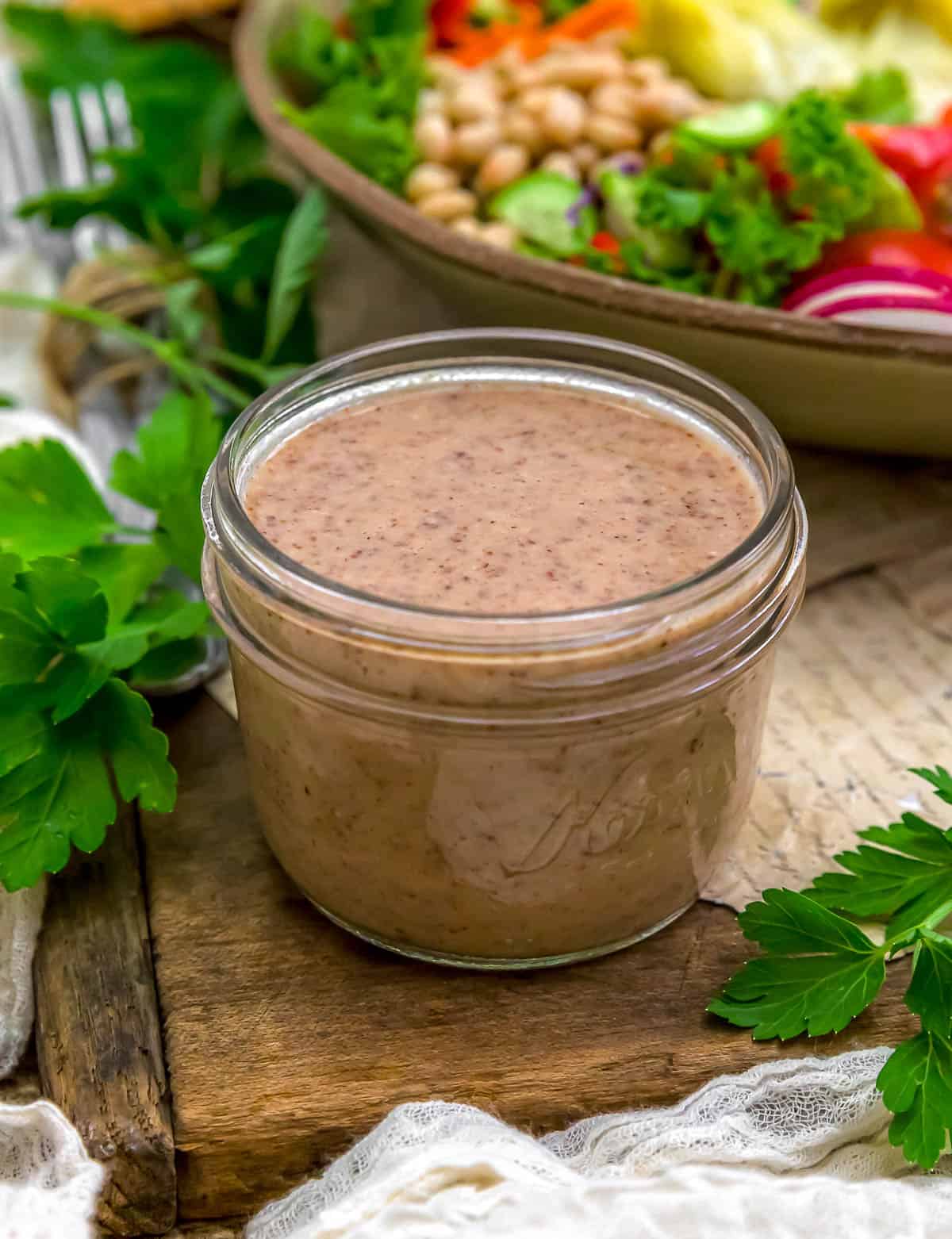 Oil-Free Red Wine Vinegar Almond Dressing in a jar