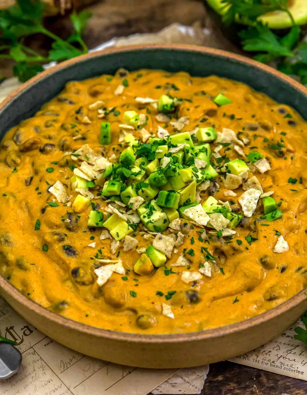 Close up of Vegan Marry Me Creamy Enchilada Bean Skillet
