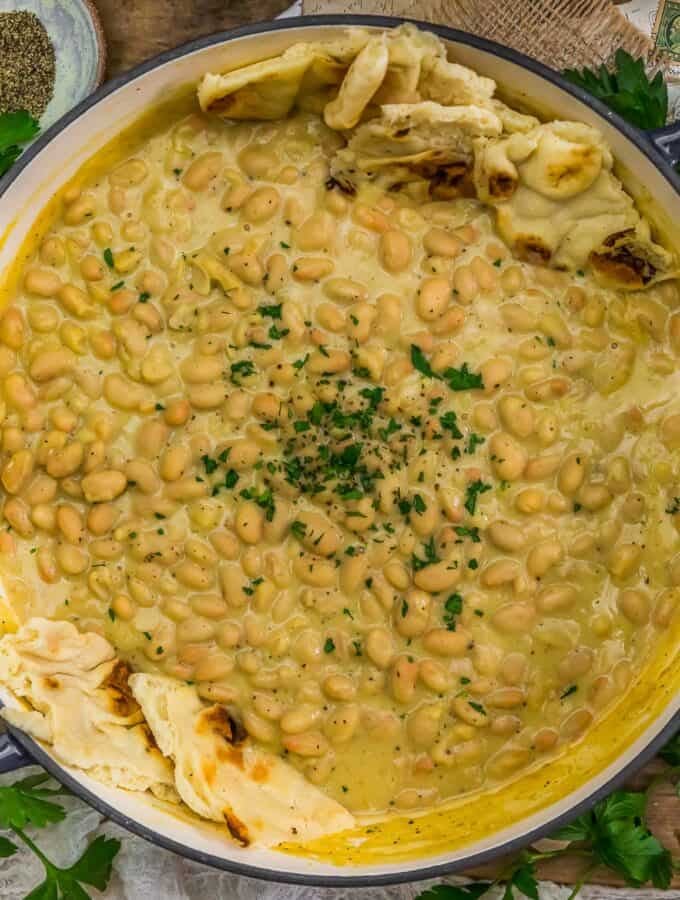 Top view of Easy Vegan Cacio e Pepe Bean Skillet