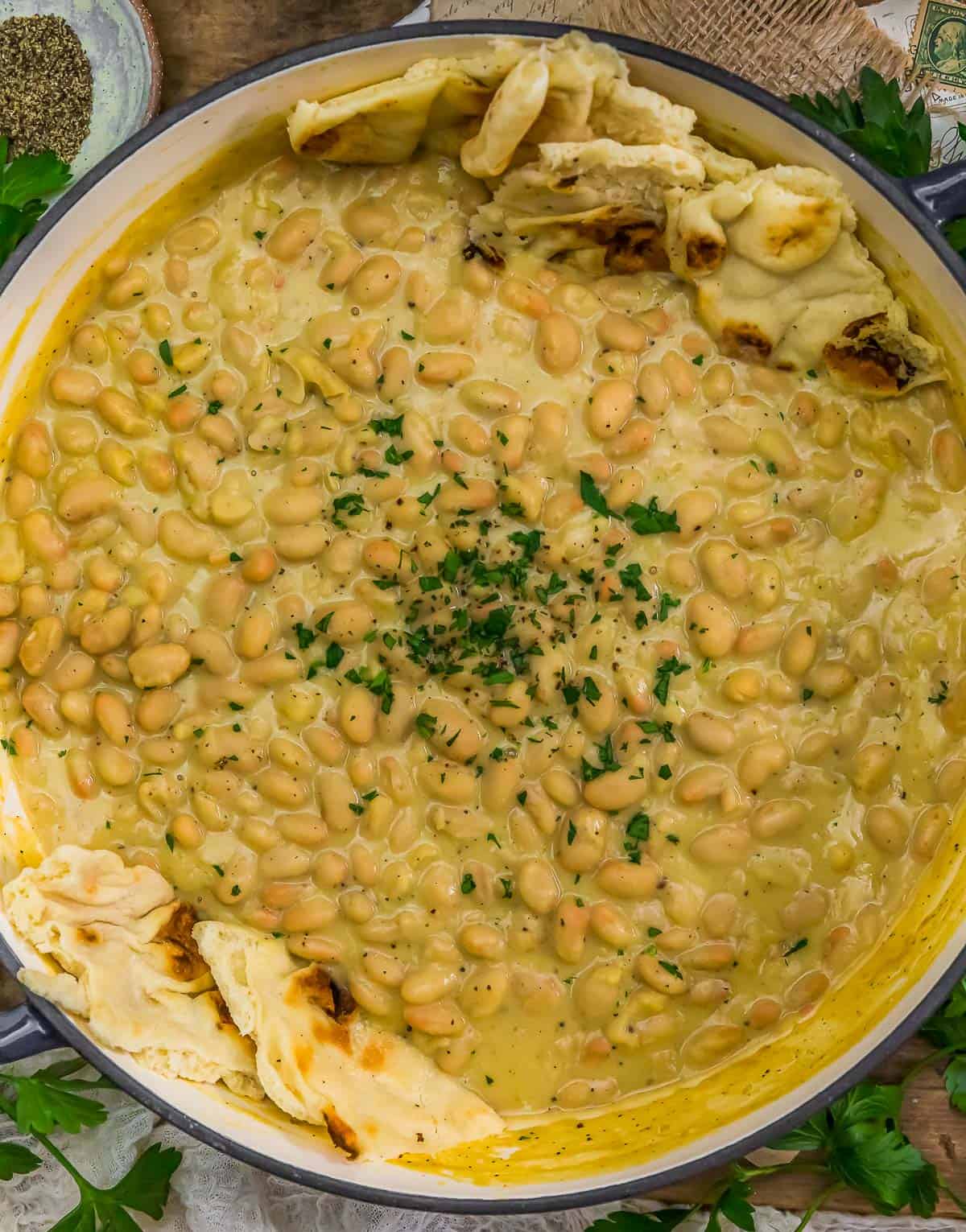 Top view of Easy Vegan Cacio e Pepe Bean Skillet