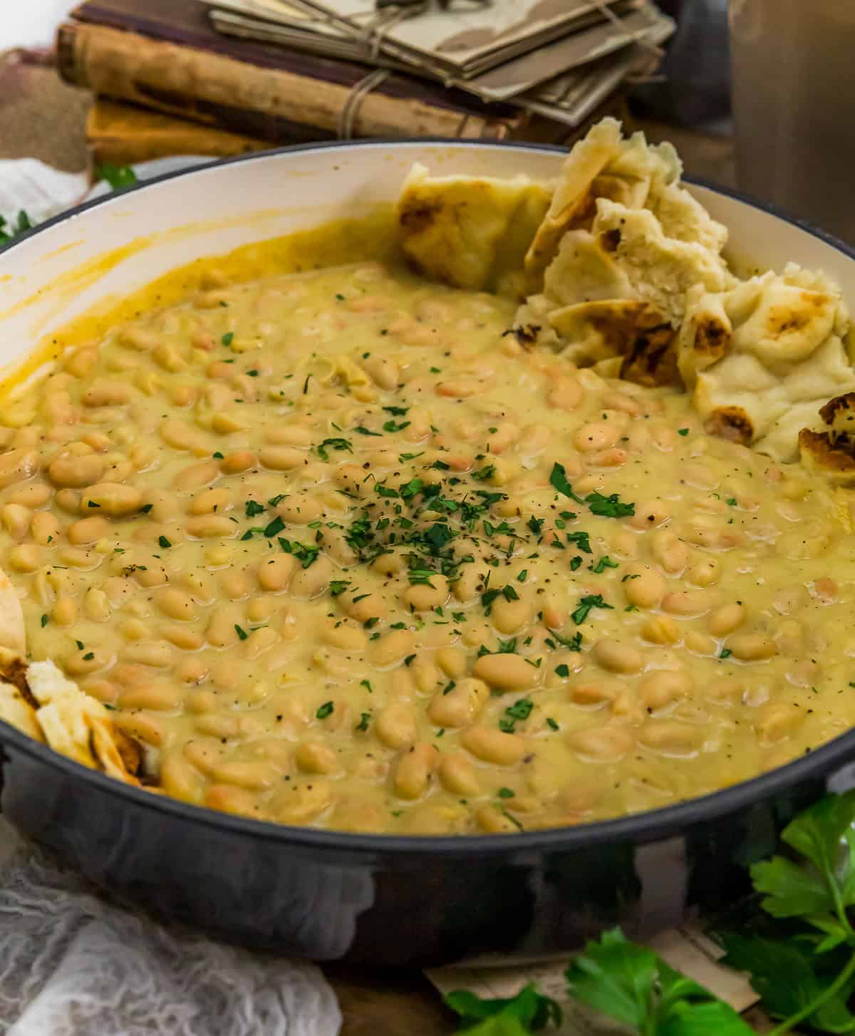 Close up of Easy Vegan Cacio e Pepe Bean Skillet
