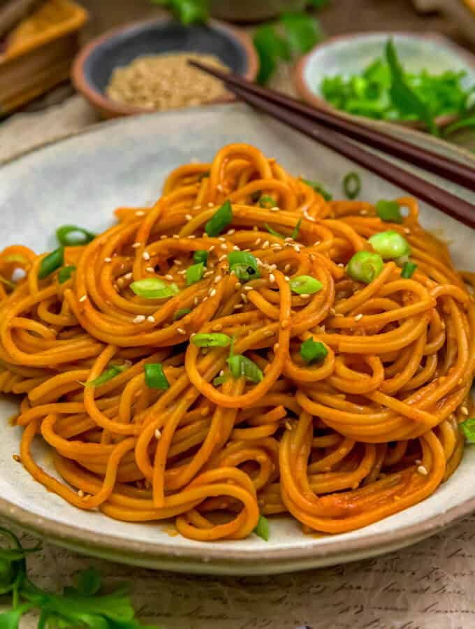 Close up of Fast and Easy Gochujang Sesame Noodles