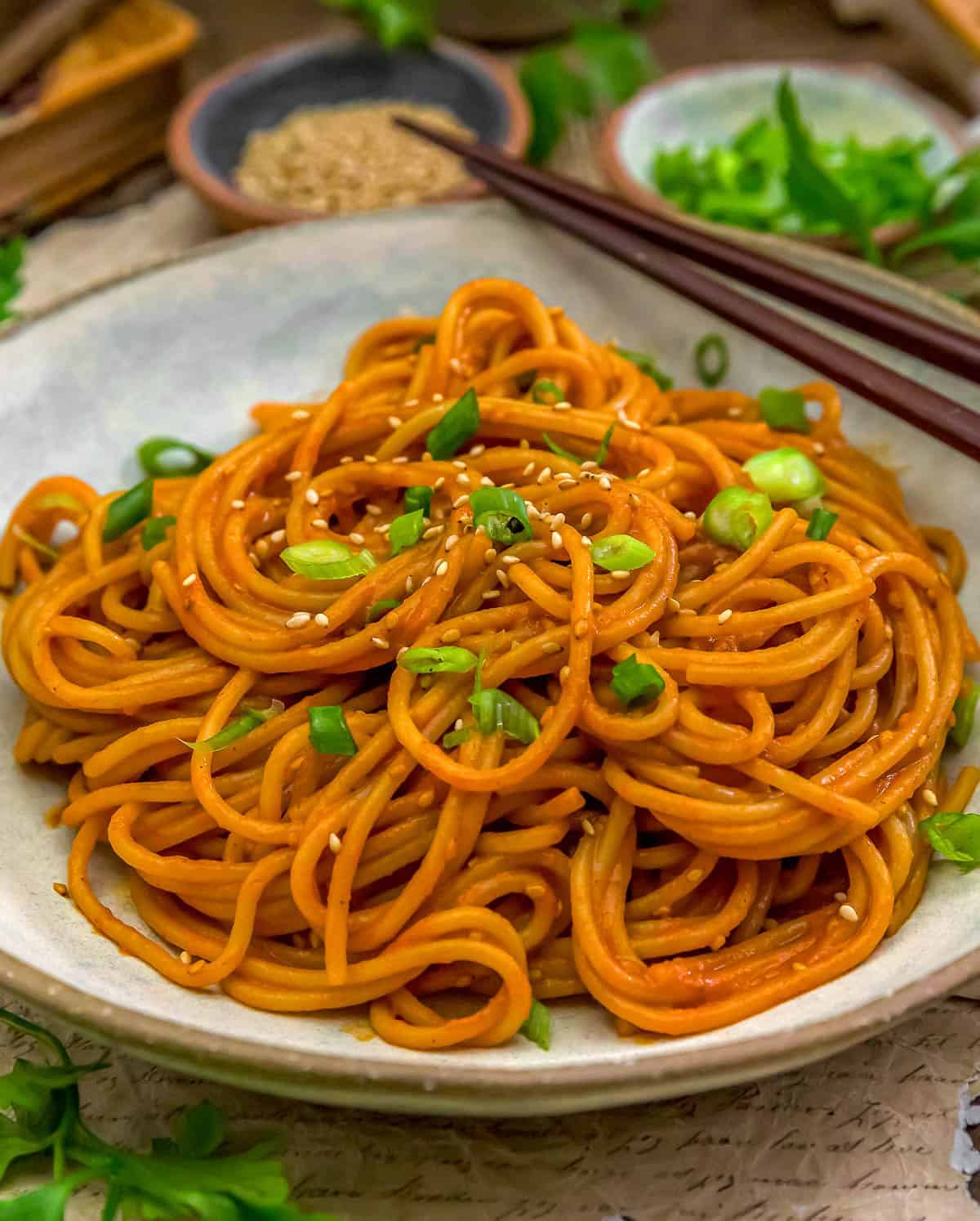 Close up of Fast and Easy Gochujang Sesame Noodles