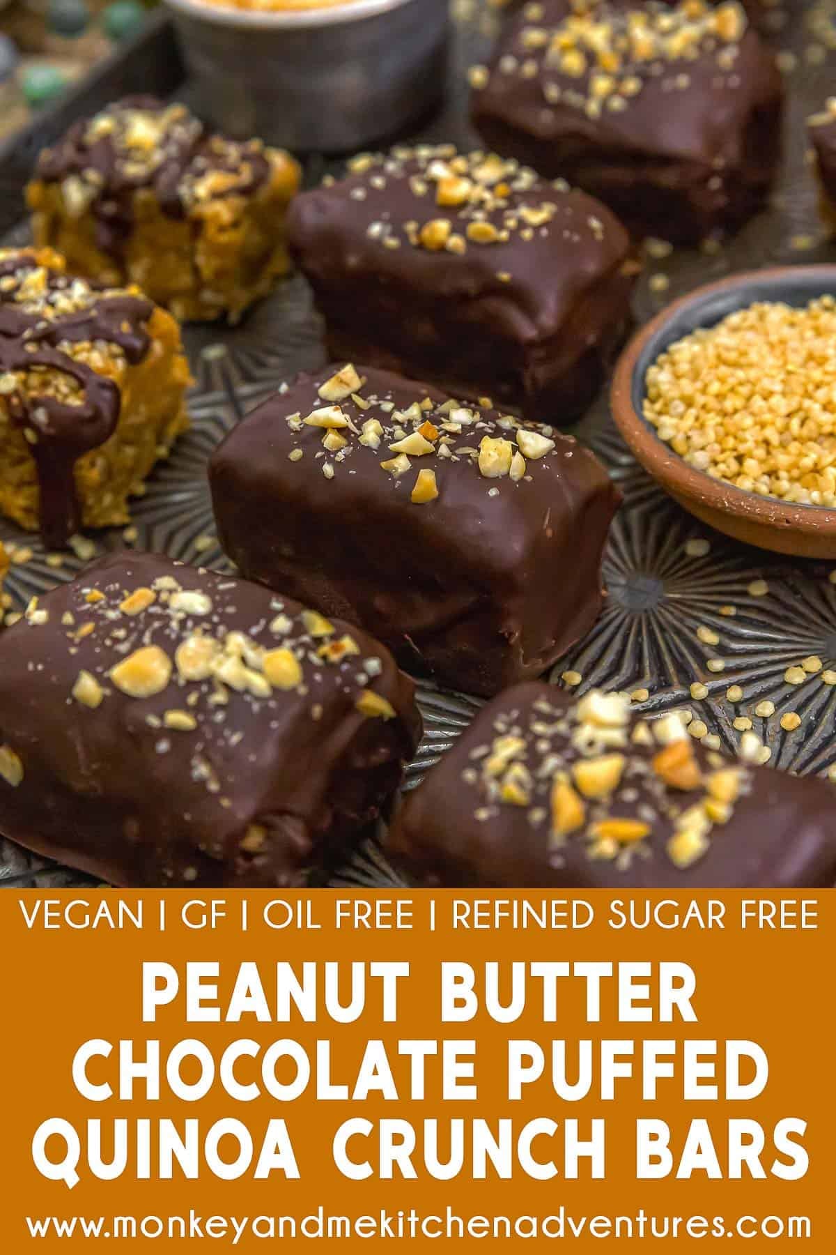 Peanut Butter Chocolate Puffed Quinoa Crunch Bars with text description