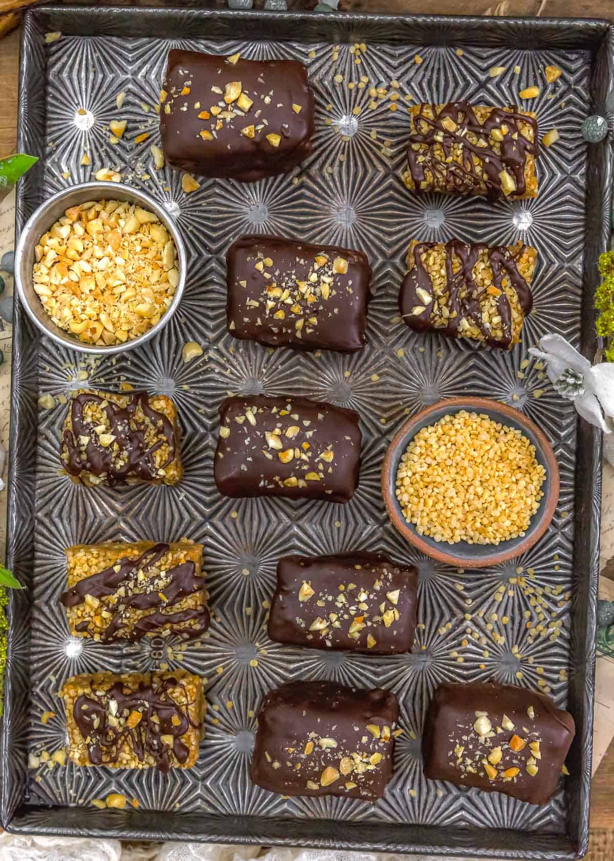 Cookie sheet with Peanut Butter Chocolate Puffed Quinoa Crunch Bars
